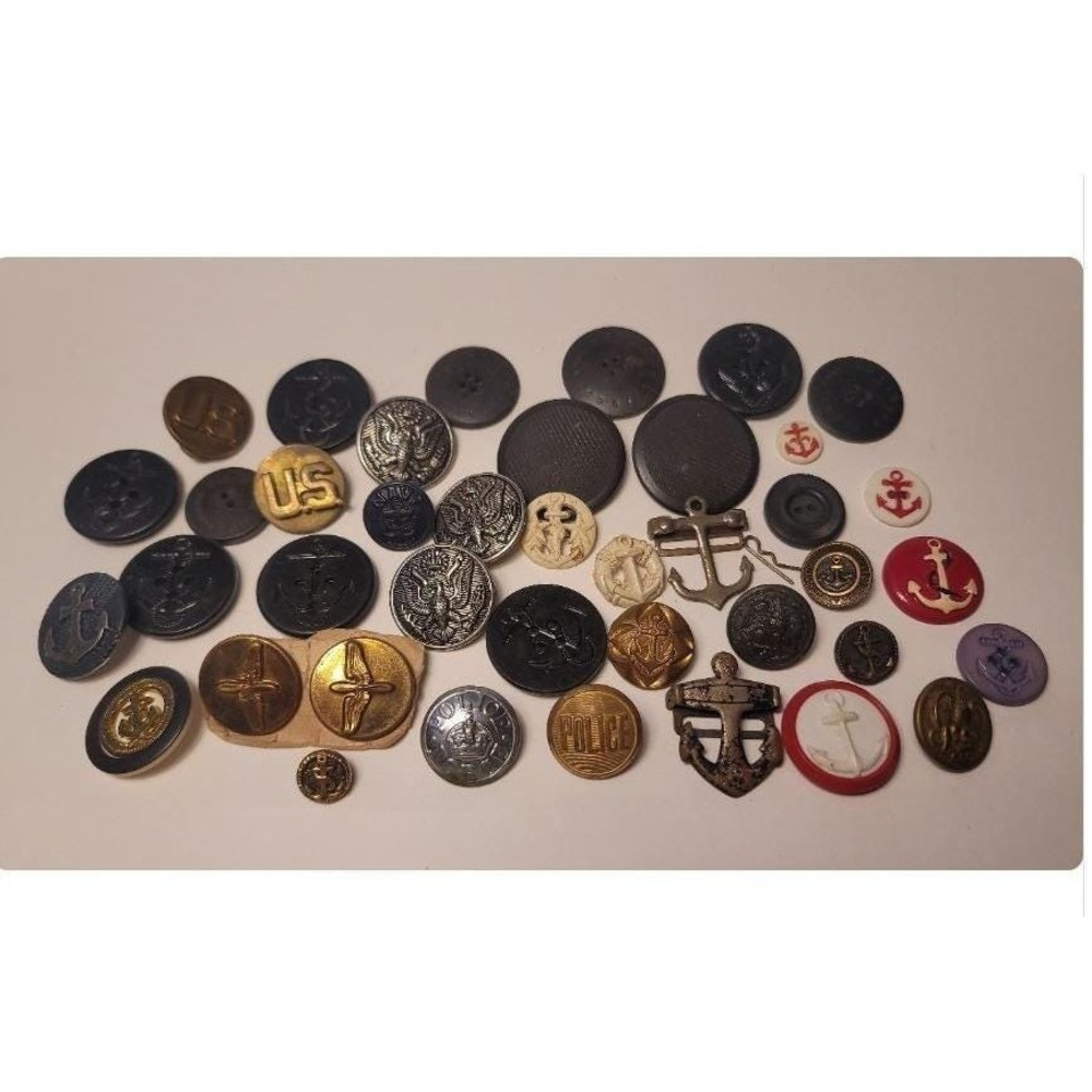 Collection of 40 Military, Police, Coast Guard Buttons & Pins Lot